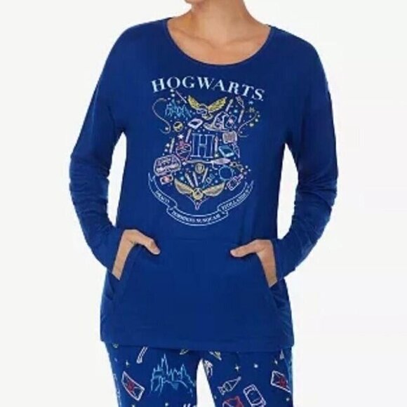 Wizarding World Harry Potter Hogwarts Sz Small Pajama Top Blue Kangaroo Pocket - Picture 1 of 10